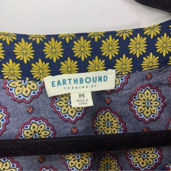 Earthbound Trading Co. Mixed Print Boho Tiered Cotton Navy Peasant Tunic, size M - Picture 3 of 12